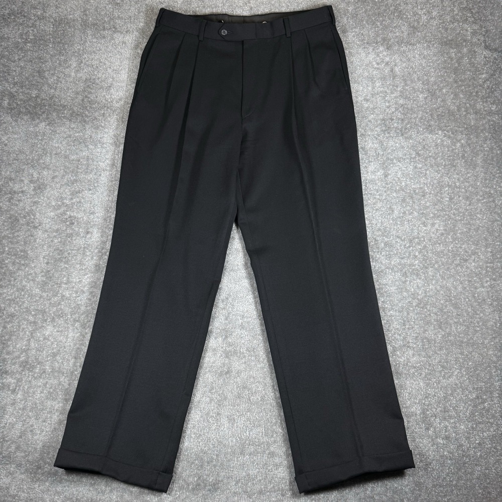 Vintage Jos A Banks Pants Men's 34x31 Black Cuffed Double Pleated Wool
